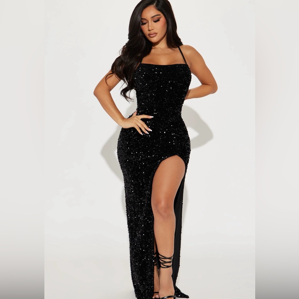 Fashion Nova Tokyo Nights Sequin Black Gown Size Medium